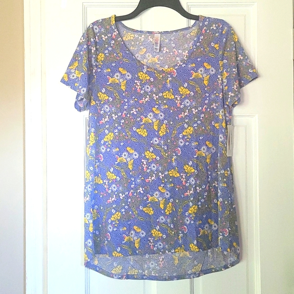 Lularoe Classic T, Size Medium, Yellow Floral on Blue Geometric Background